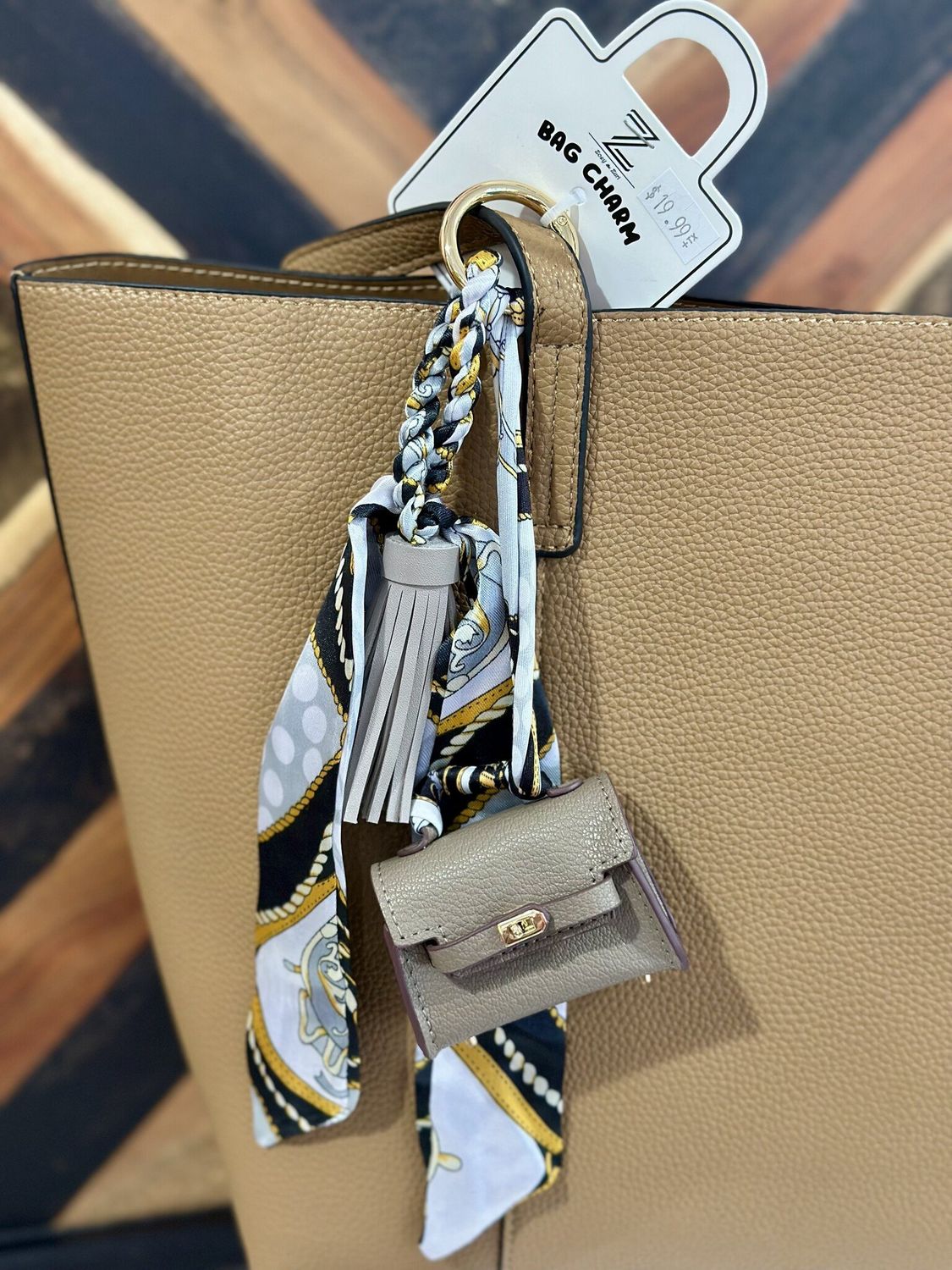 Grey Brown Silk Scarf Bag on a Bag Charm