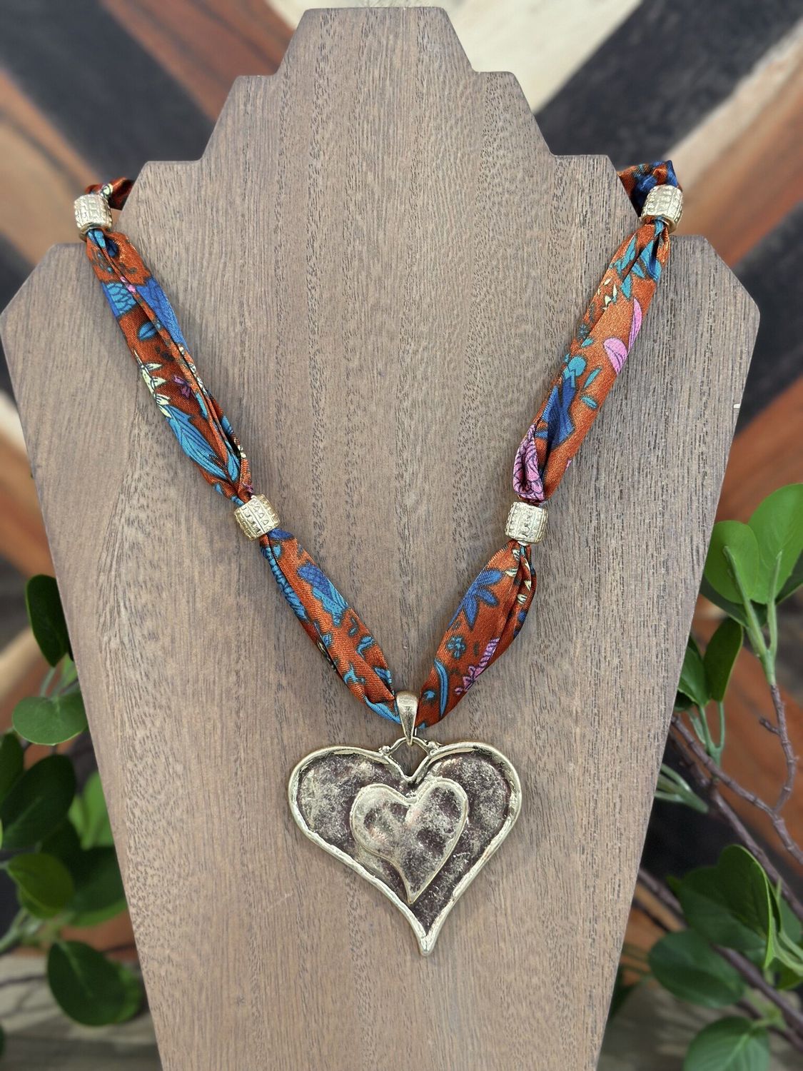 Rust Silk Scarf Double Heart Pendant Necklace