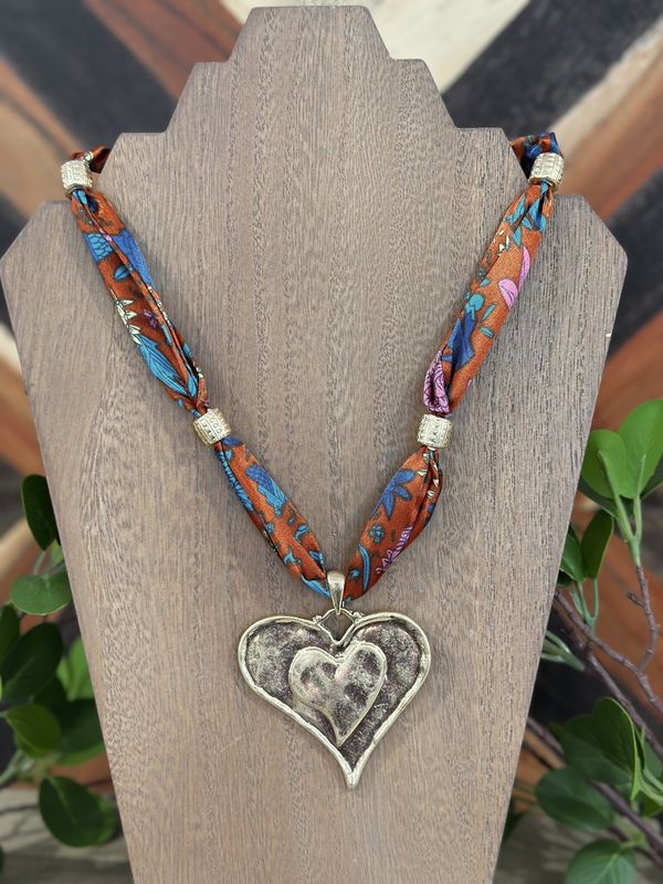 Rust Silk Scarf Double Heart Pendant Necklace