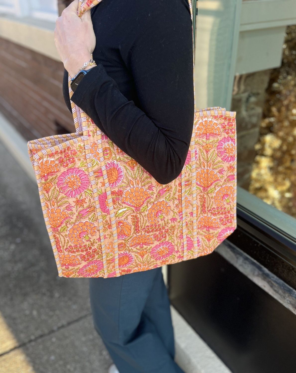 Quilted Orange Floral Tote Bag