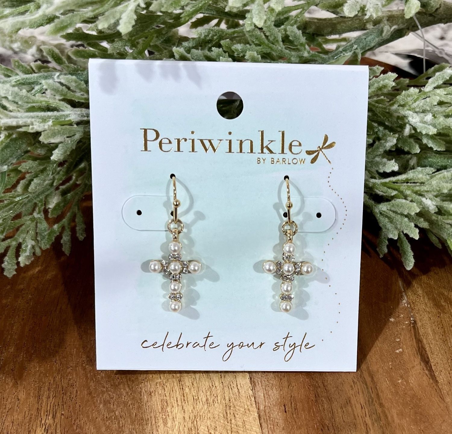 Gold Pearl/Crystal Cross Earrings