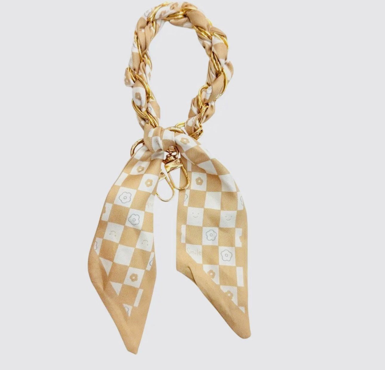 Beige Checkered Silk Scarf Phone Wristlet/Bag Charm