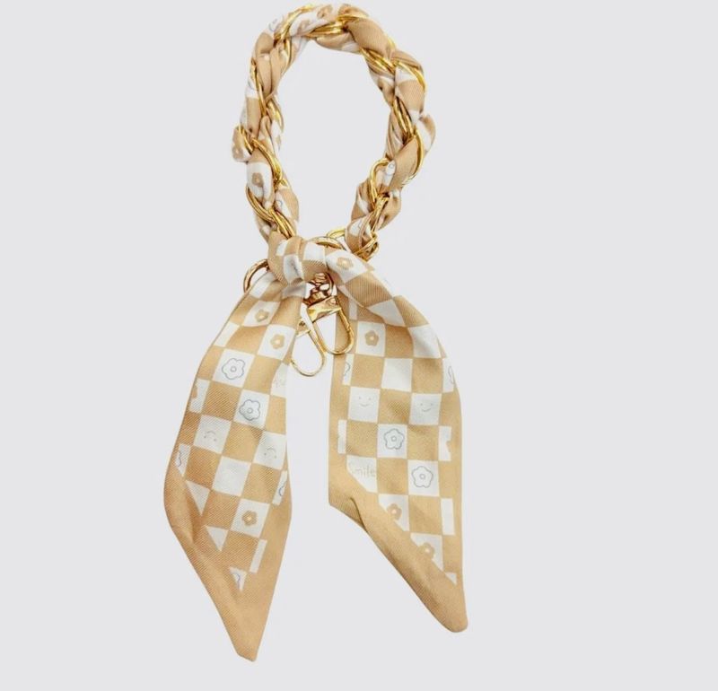 Beige Checkered Silk Scarf Phone Wristlet/Bag Charm