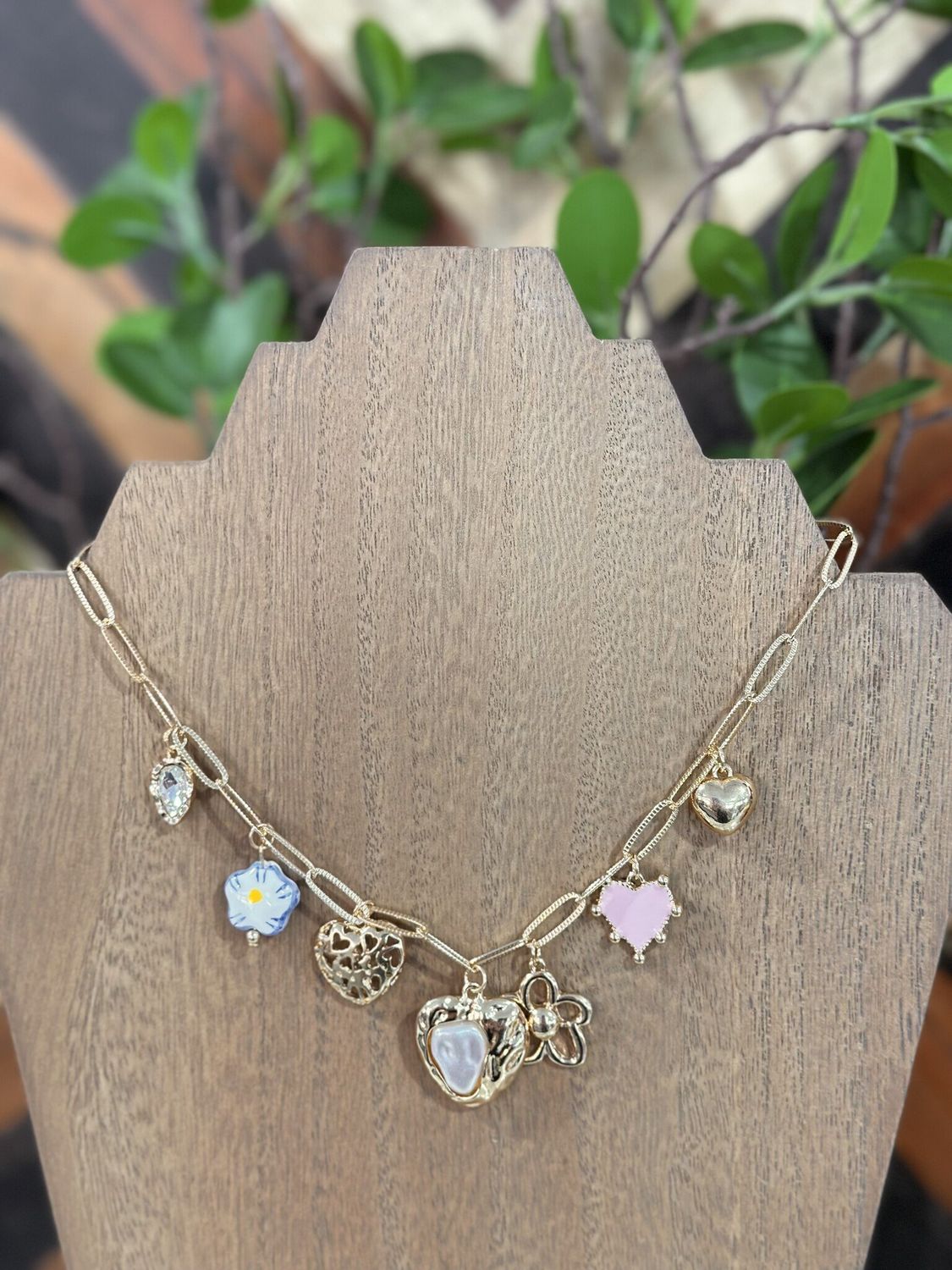 Porcelain Flower/Heart Charm Necklace