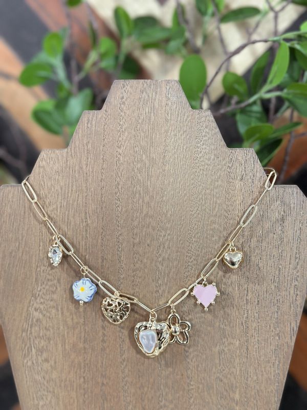 Porcelain Flower/Heart Charm Necklace