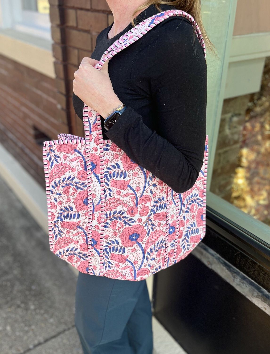 Quilted Pink Floral Tote Bag
