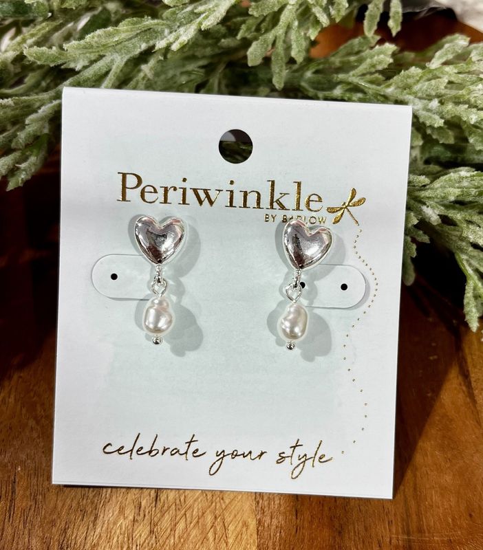 Silver Heart Earrings with Drop Pearls