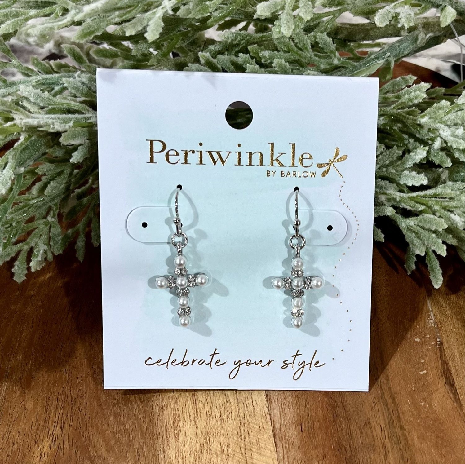 Silver Pearl/Crystal Cross Earrings