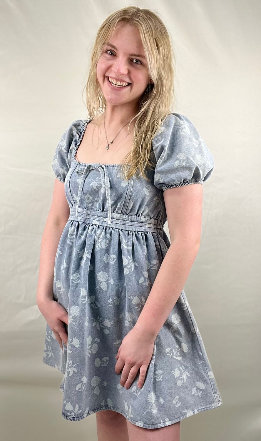 Washed Denim Floral Puff Sleeve Dress