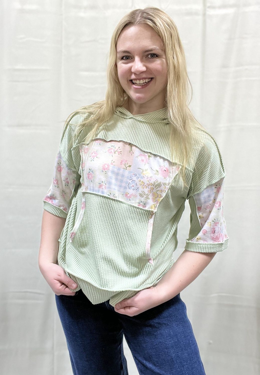 Sage Floral Accent Hooded Top