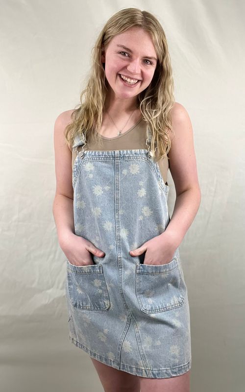 Washed Denim Floral Overall Dress