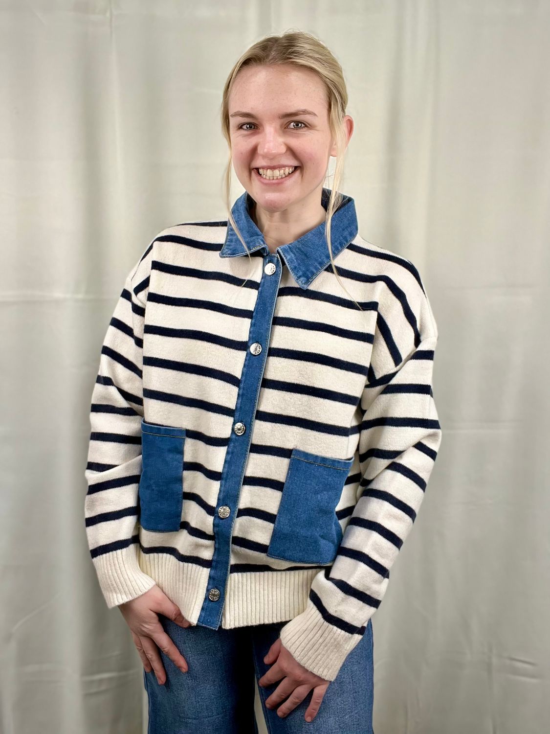 Striped Button Up Cardigan with Collar