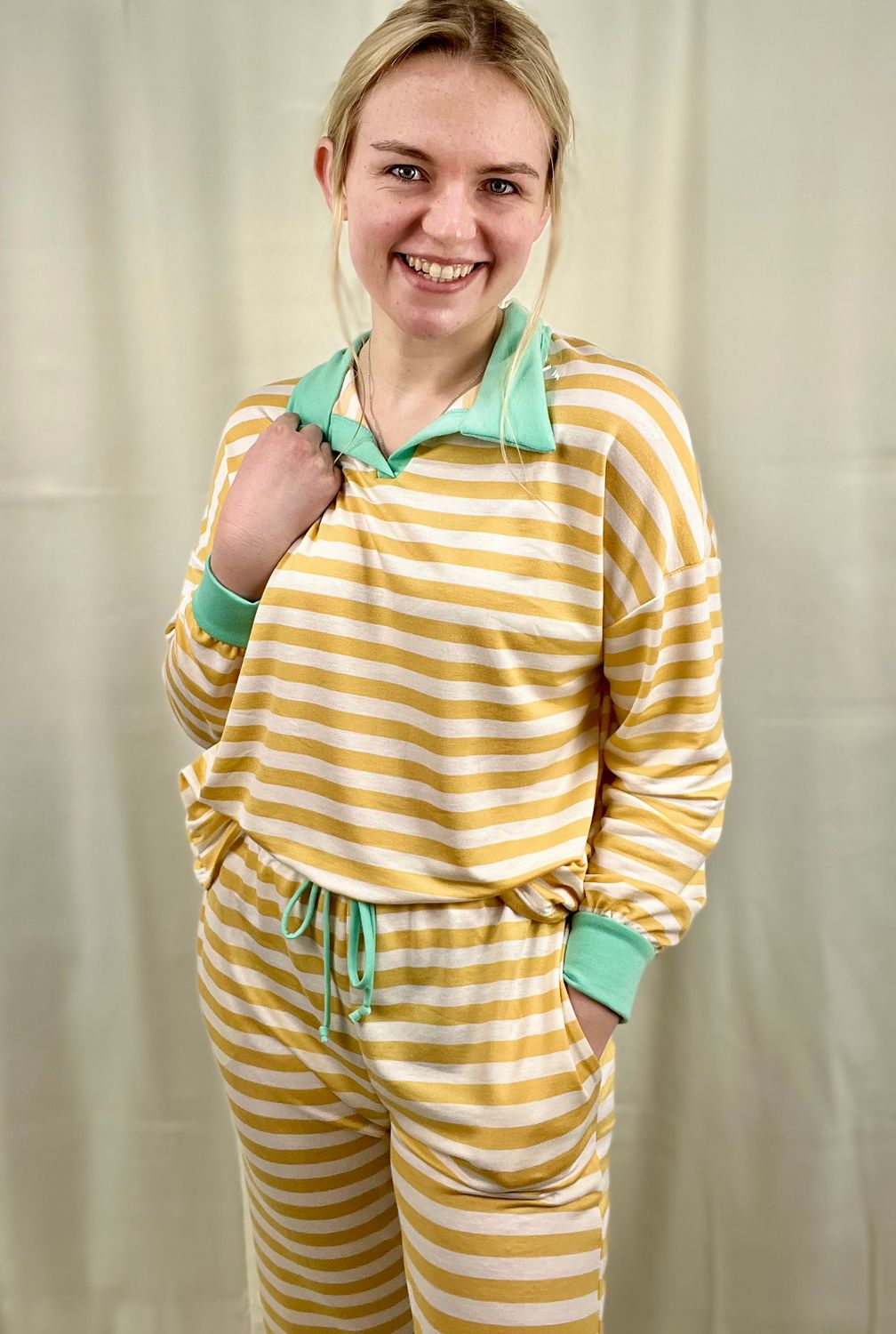 Yellow/Mint Terry Collared Top