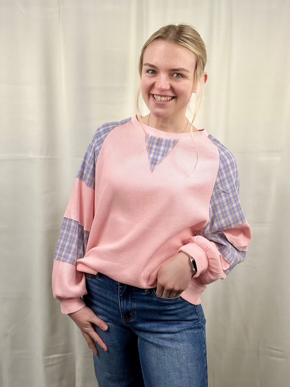Pink Mini Waffle Weave Top with Plaid Accents
