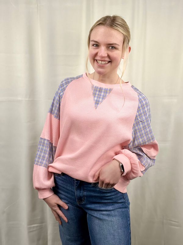 Pink Mini Waffle Weave Top with Plaid Accents