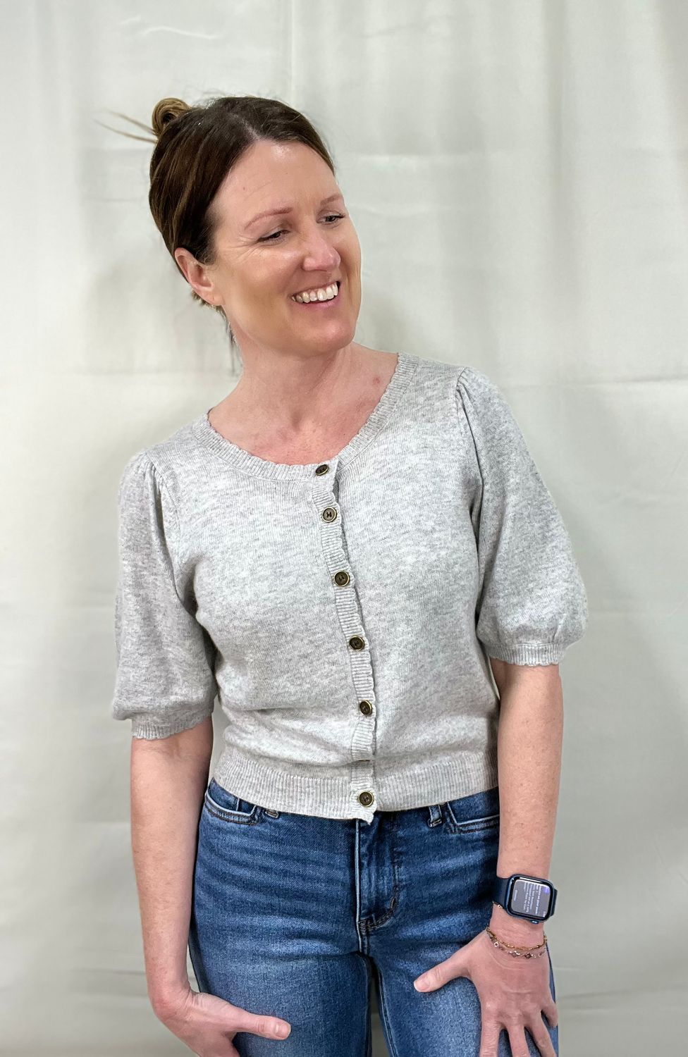 Puff Sleeve Cardigan in Heather Grey