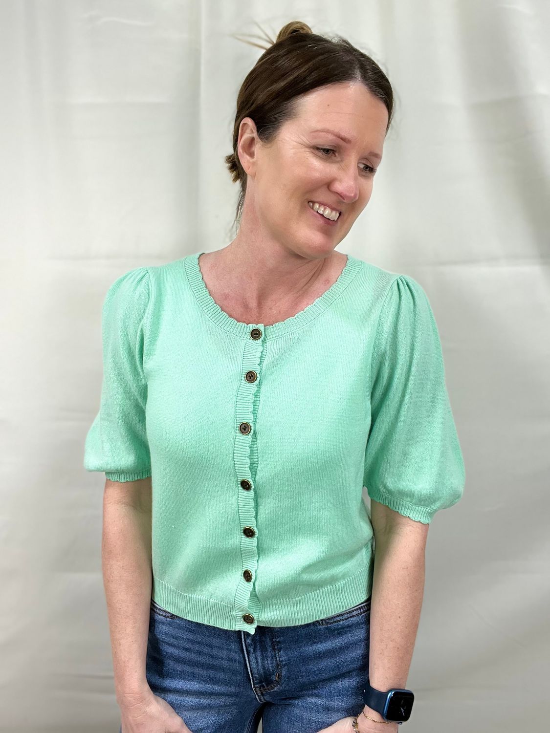 Puff Sleeve Cardigan in Mint