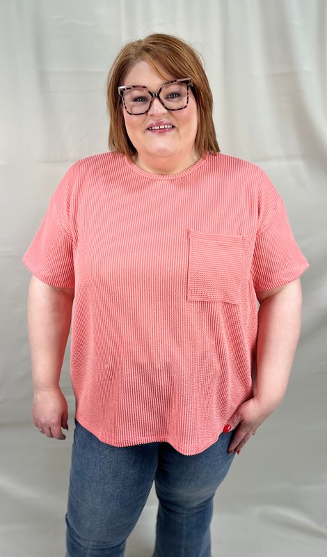 Ribbed Pocket Top in Coral