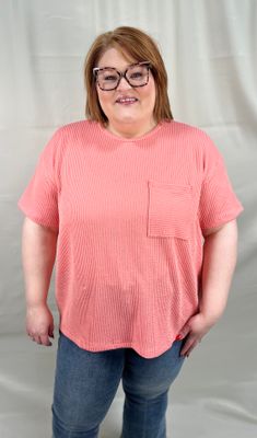 Ribbed Pocket Top in Coral