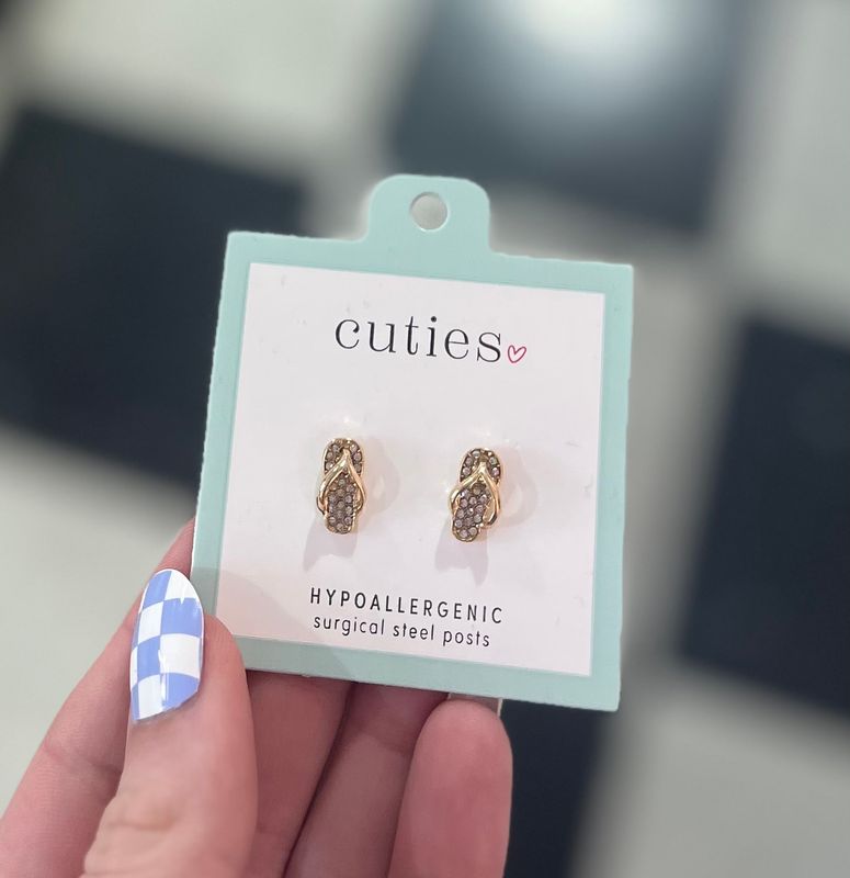 Gold Crystal Flip Flop Stud Earrings