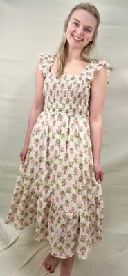 Pink Floral Smocked Midi Dress