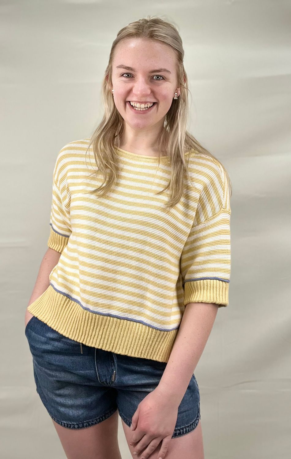 Yellow Striped Short Sleeve Sweater