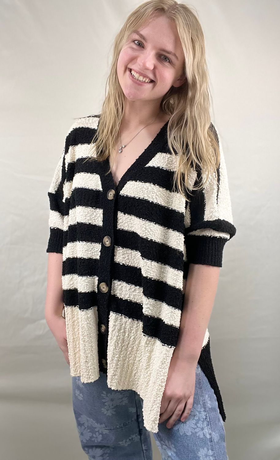 Oversized Striped Popcorn Cardigan