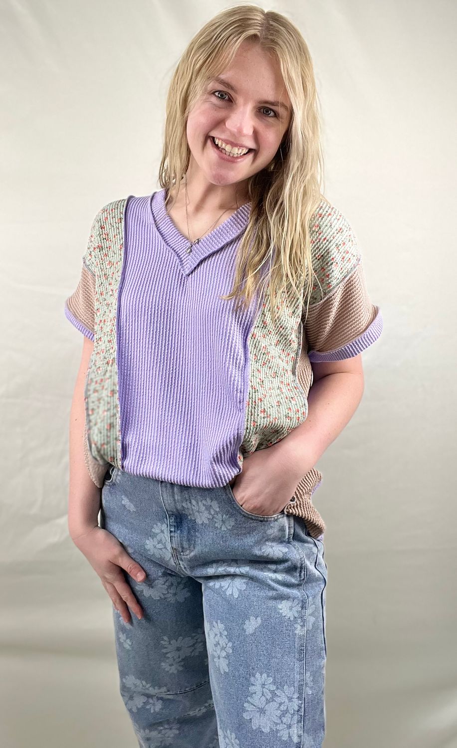 Lavender Floral Block Ribbed Top