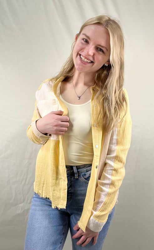 Yellow Color Block Gauze Button Up Top