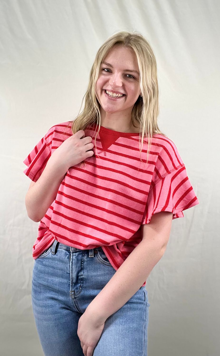 Pink/Red Striped Ruffle Sleeve Casual Top