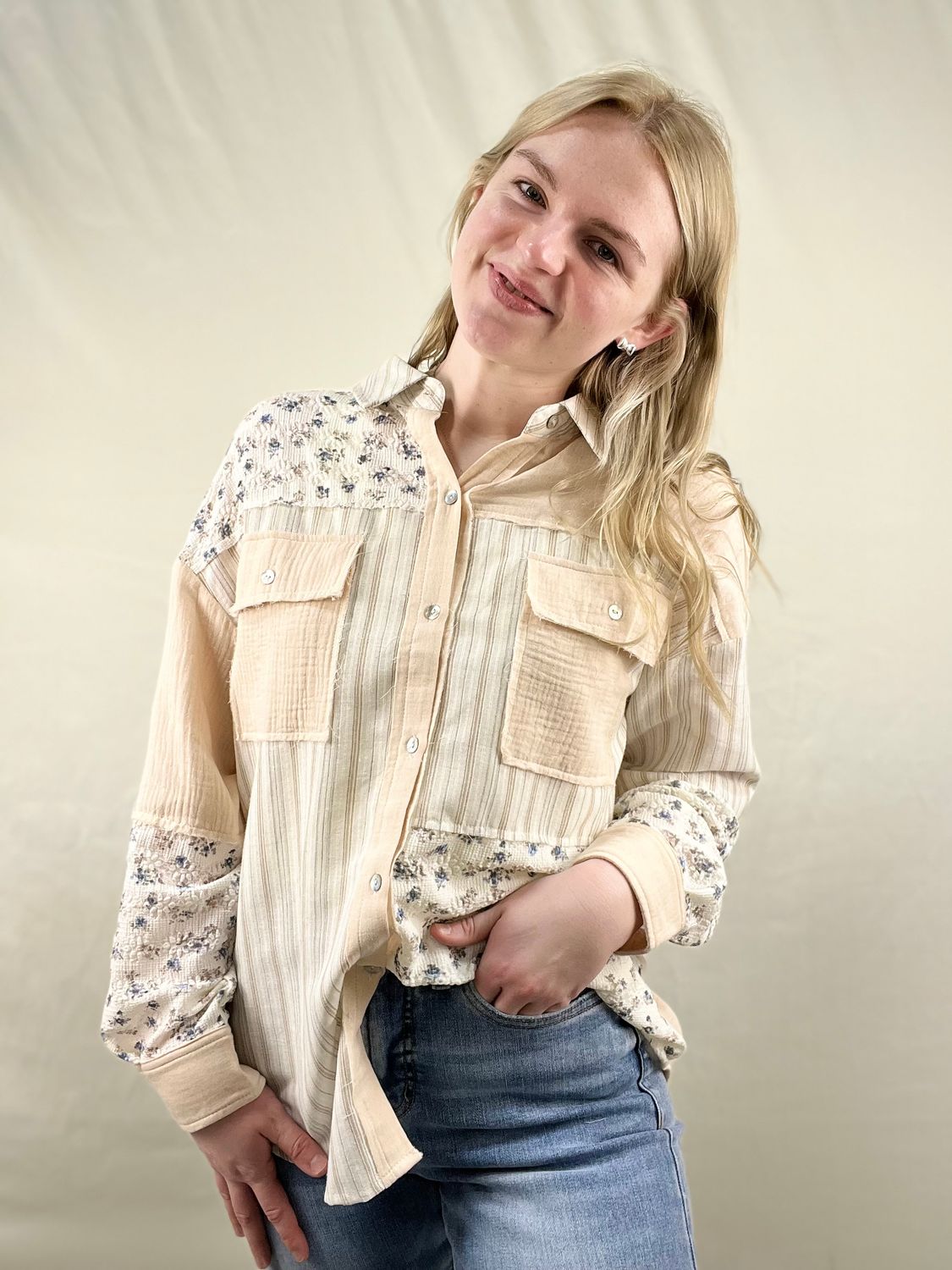 Floral/Striped Gauze Button Up Top