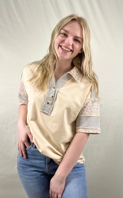 Oatmeal Collared Top with Floral Accents