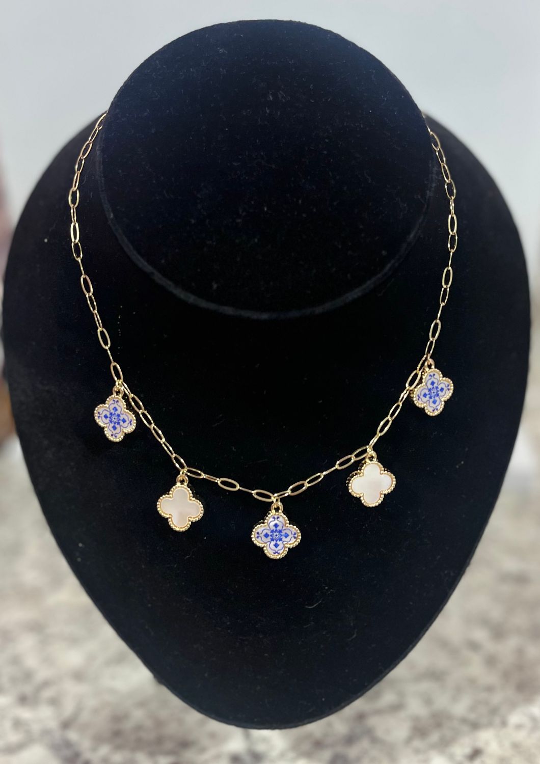 Blue Toile Clover Charm Necklace