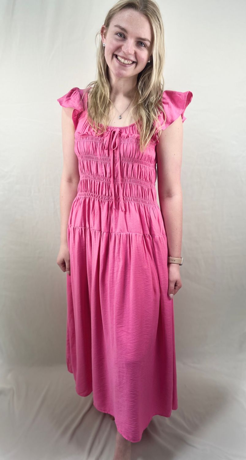 Pink Shirred Bodice Midi Dress