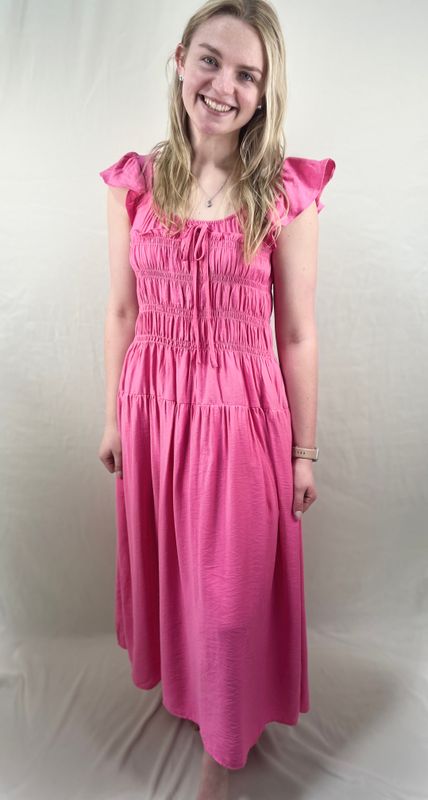 Pink Shirred Bodice Midi Dress
