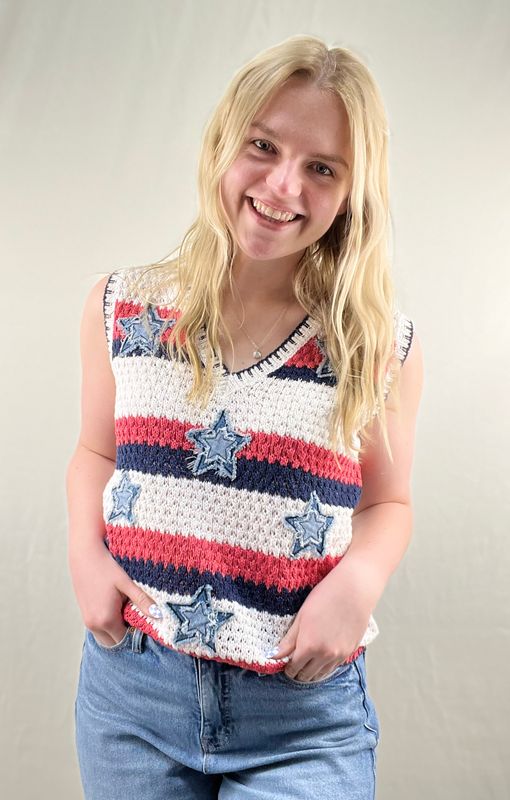 Star Denim Patched Crochet Top