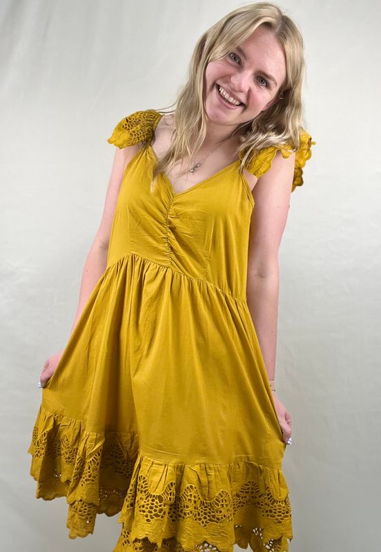 Deep Yellow Lace Trim Dress