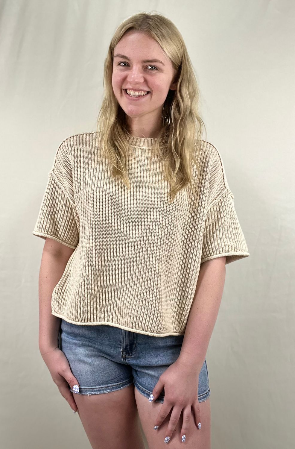 Light Khaki Short Sleeve Sweater
