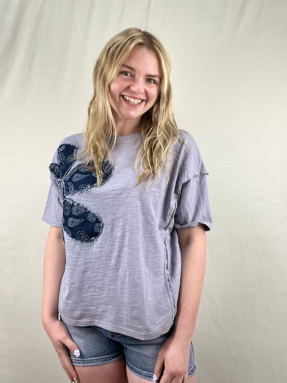 Retro Denim Patch Flower Top