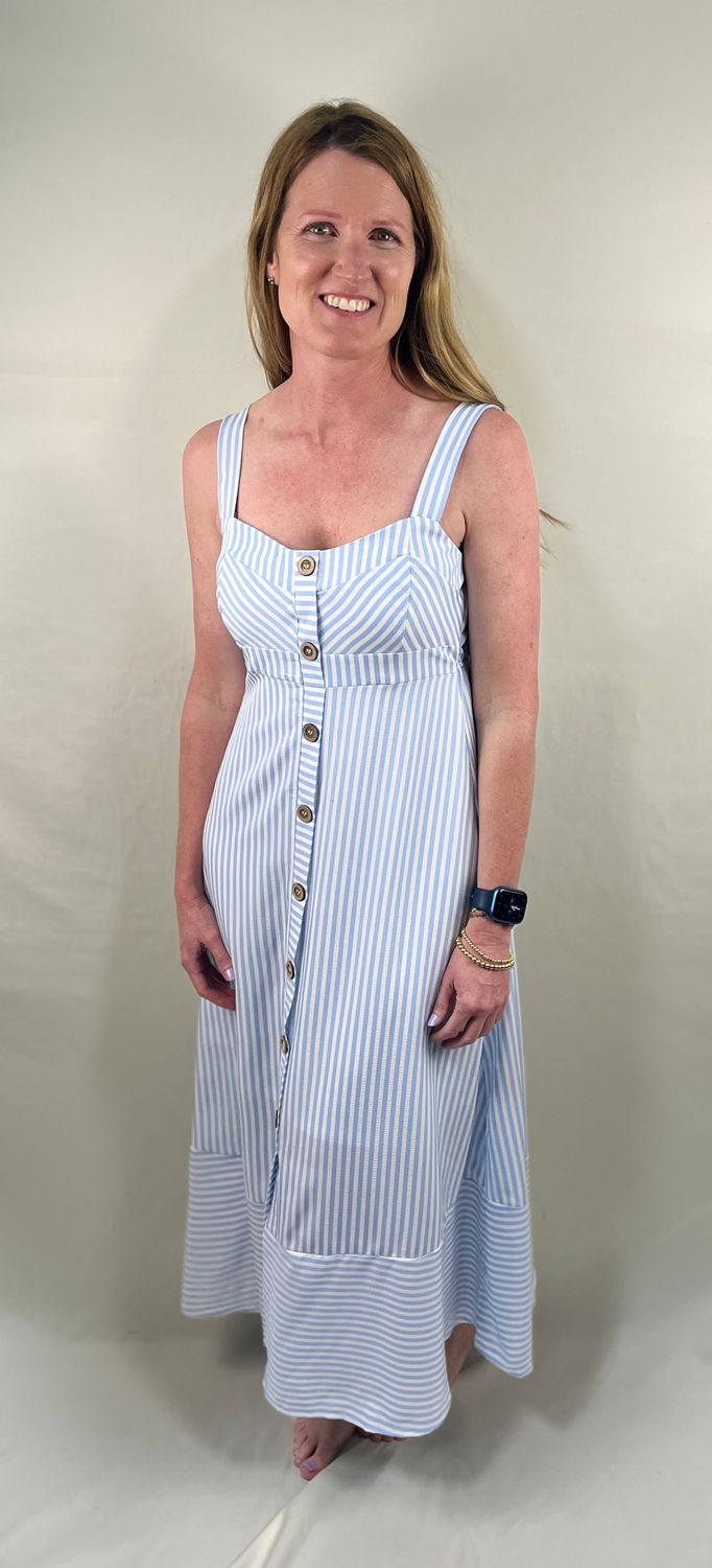 Light Blue Striped Sweetheart Midi Dress