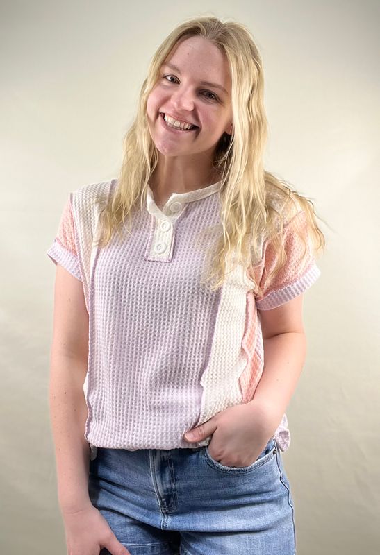 Colorblock Waffle Henley Top in Lilac