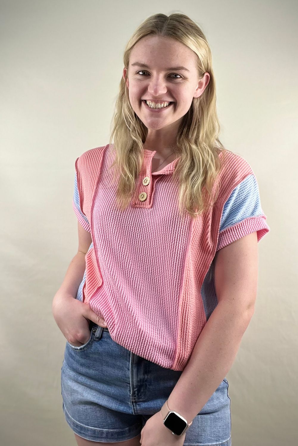 Colorblock Ribbed Henley in Pink