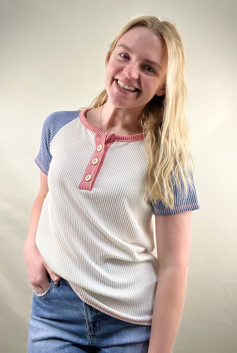 Ribbed Raglan Top in Denim Blue