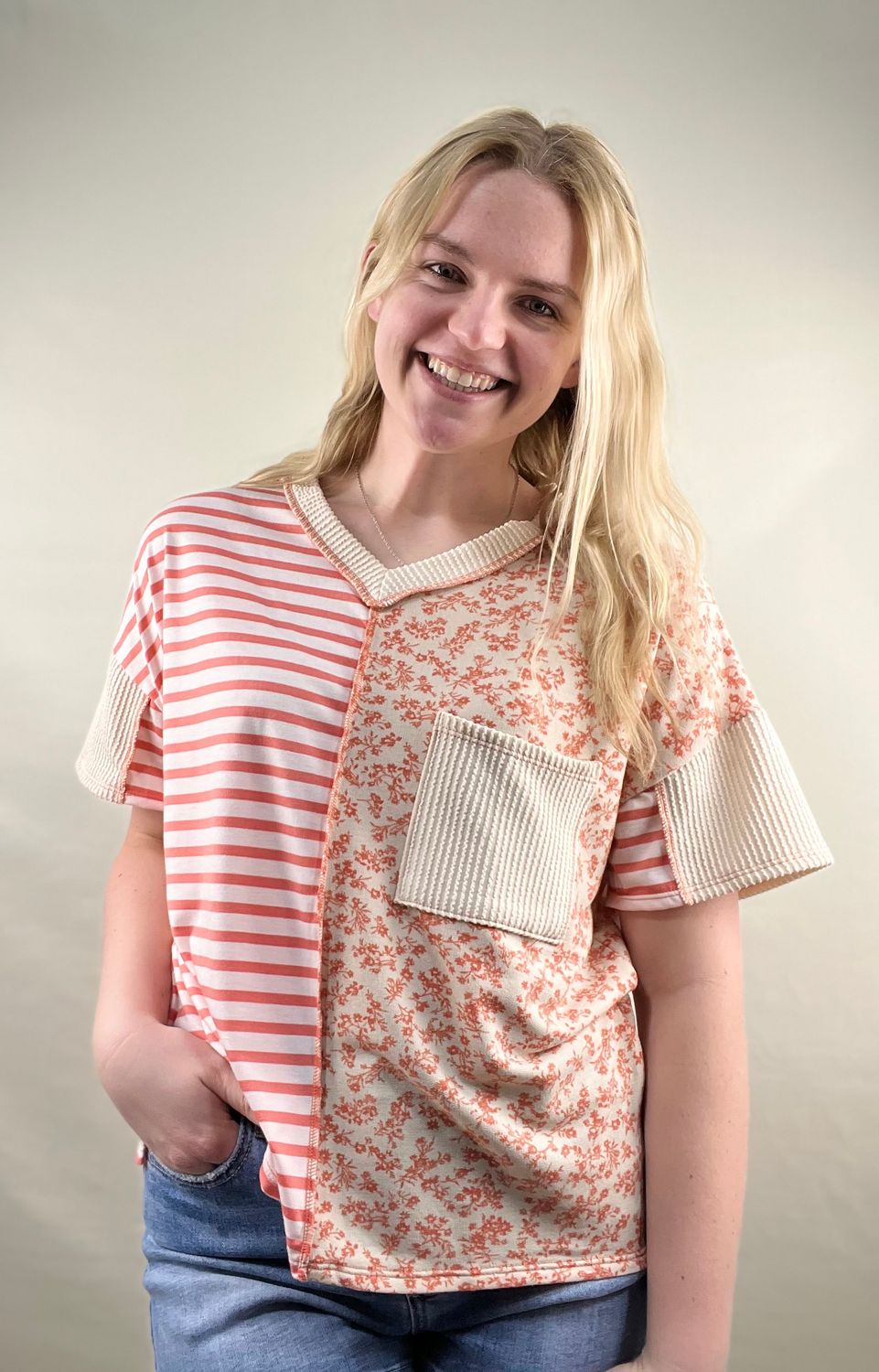 Coral/Oatmeal Mixed Print Pocket Top