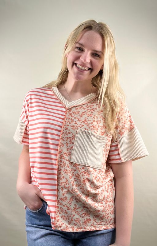 Coral/Oatmeal Mixed Print Pocket Top
