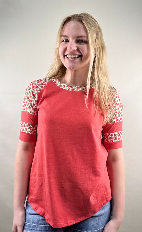 Floral Raglan Sleeve Top in Coral