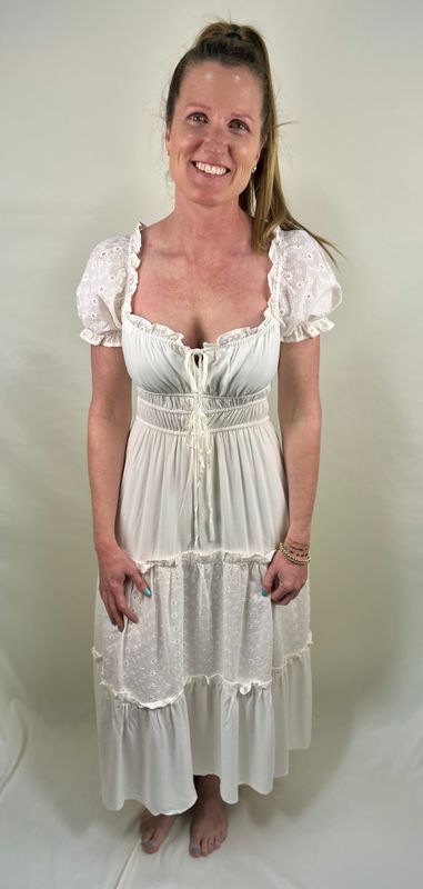 Cream Tie Tiered Midi Dress