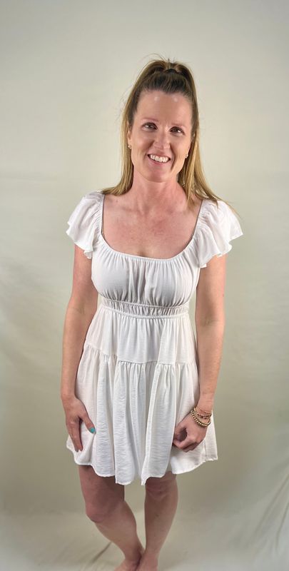 Shirred Flounce Sleeve Dress