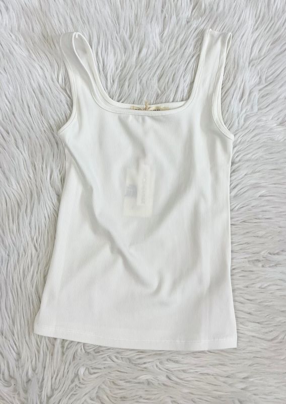 White Ribbed Square Neck Tank