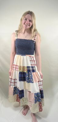Denim Smocked Patchwork Print Maxi